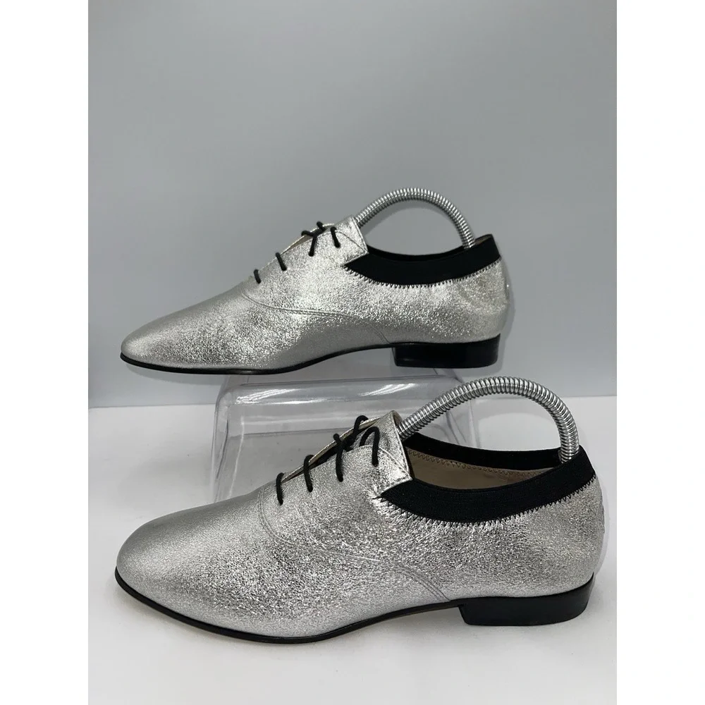 TORY BURCH Bombe Oxfords Lace-Up WOMENS SZ 8.5 Metallic Silver Black